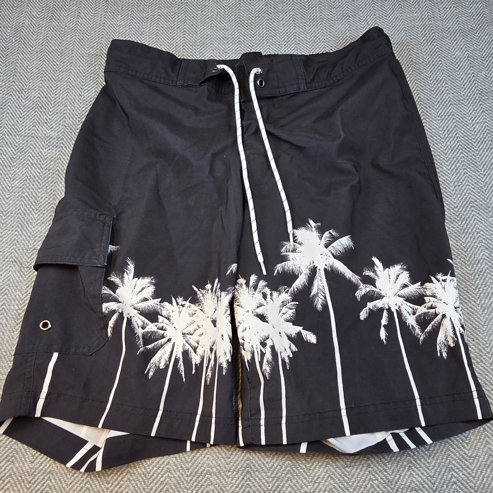 Arizona Jean Co Mens Black White Palm Tree Board Shorts Medium Swim Trunks